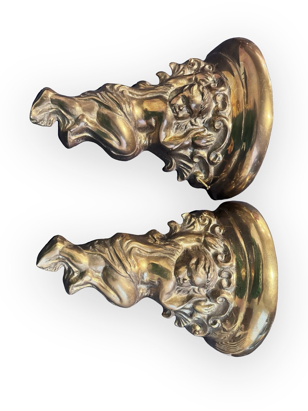 Vintage Brass Ornate Cherub Angel Wall Sconce Shelf Pair Hollywood Regency